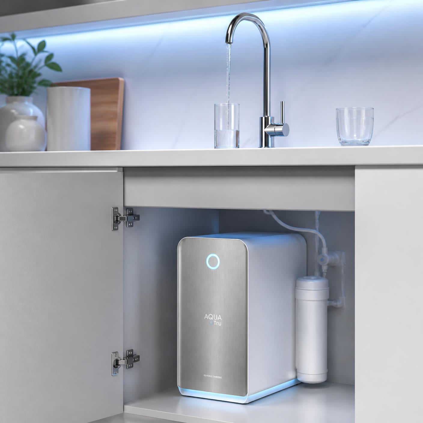 HW800 AlkaPro tankless reverse osmosis drinking water system installed under a kitchen sink