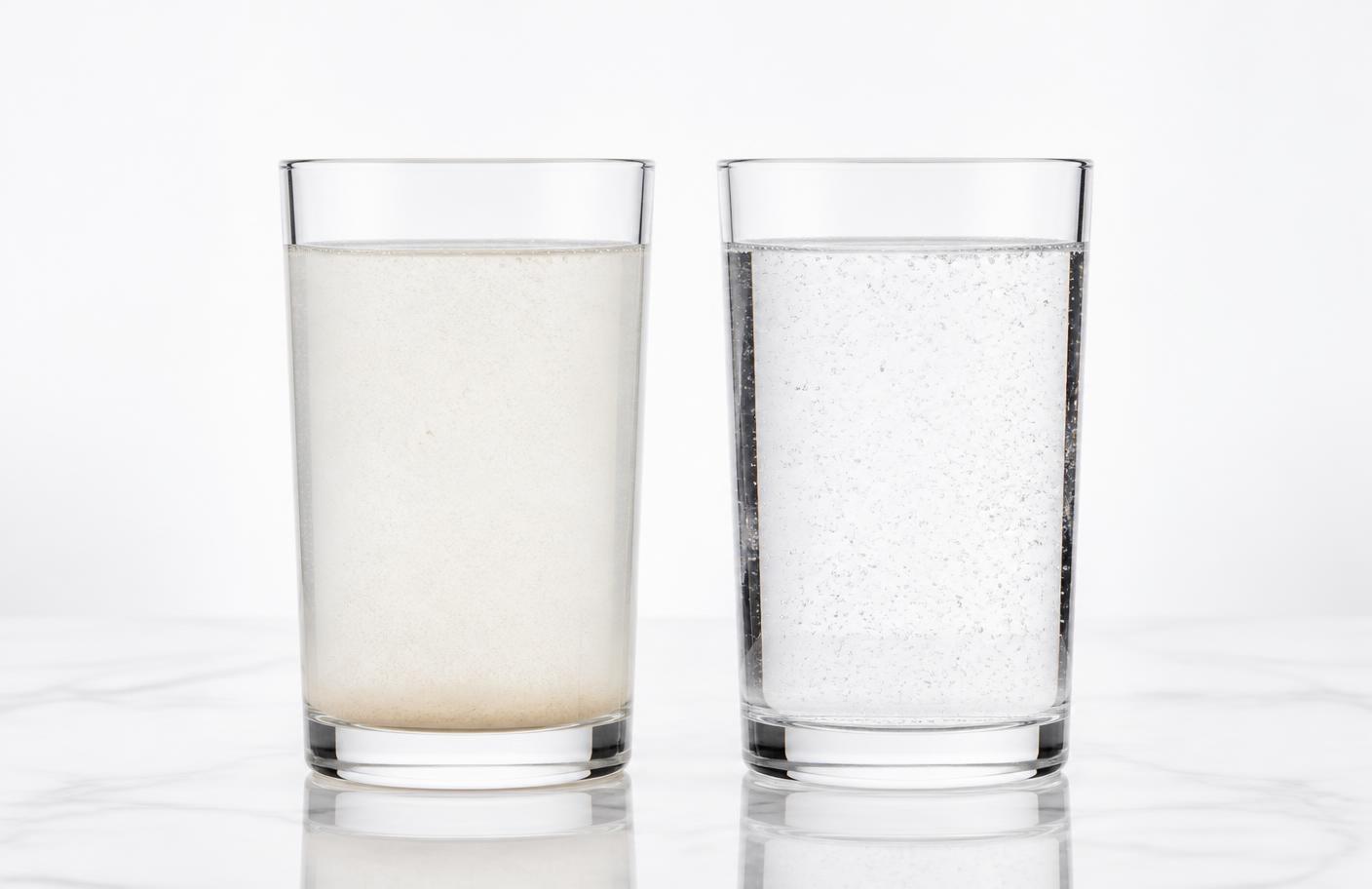 Side by side comparison of a cloudy untreated water glass and a clear filtered water glass